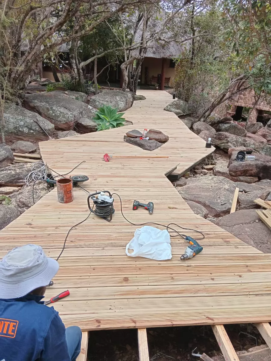Construction of a wooden walkway outdoors